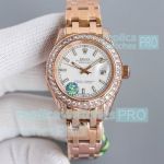 Replica Rolex Pearlmaster Datejust Rose Gold Diamond Bezel White Dial Watch 34MM